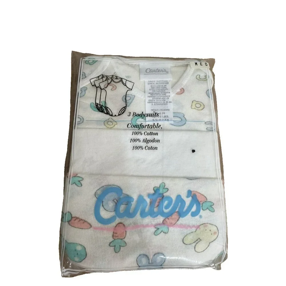 Vintage Carters Childrens Bodysuit Pack of 3- Bunny Carrot Easter Dead Stock 3-6